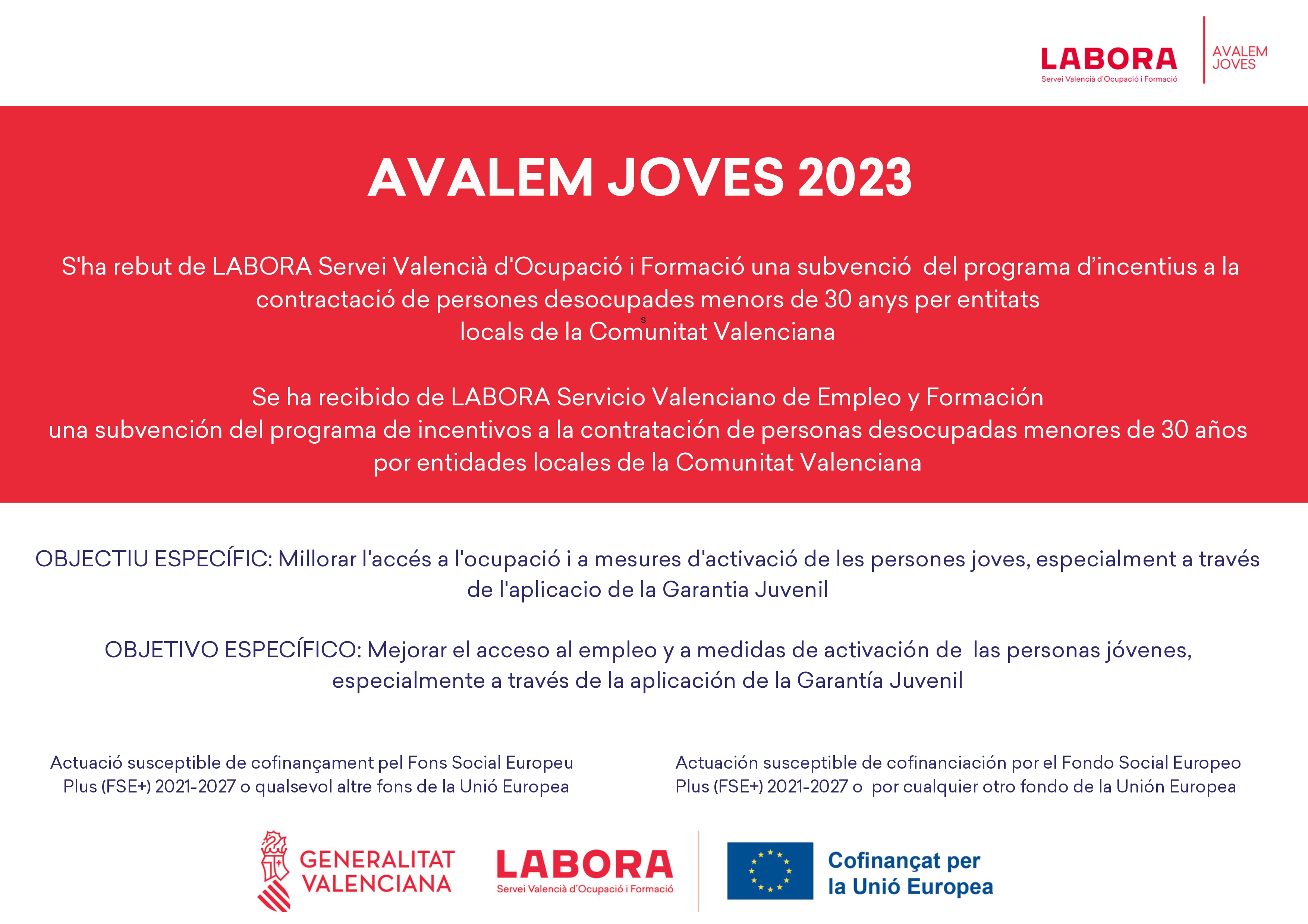 Inicio del programa de subvenciones de empleo para la contratación de personas desempleadas menores de 30 años por entidades locales de la Comunidad Valenciana (Avalem Joves)
